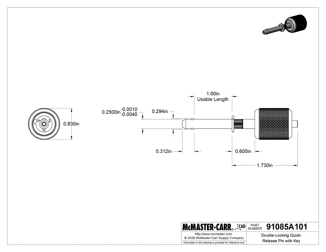 Technical Drawing of Double-Locking Quick-Release Pin with Key, 1/4" Diameter, 1" Usable Length.